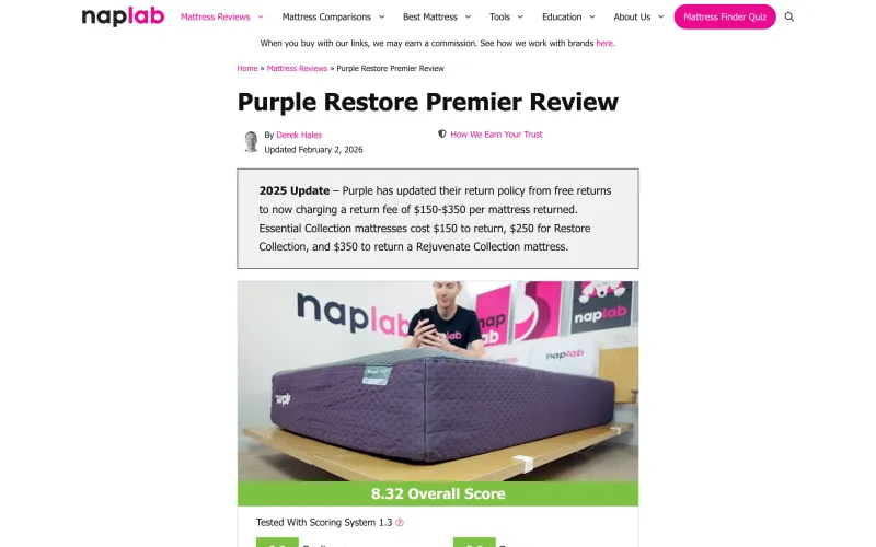 Purple Restore Premier mattress on a bed frame